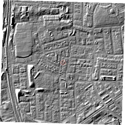 Shaded relief map of the ground around E164NF, computed from Environment Agency LiDAR. The ground here sits at about 1 m above sea level and falls 6 m across the surrounding 800 m. Surface water reaching this point runs off ground lying to the west-north-west, 1.7 m higher.