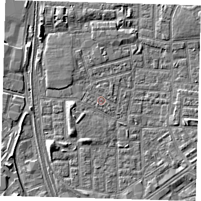 Shaded relief map of the ground around E164NG, computed from Environment Agency LiDAR. The ground here sits at about 1 m above sea level and falls 6 m across the surrounding 800 m. Surface water reaching this point runs off ground lying to the west-north-west, 1.5 m higher.