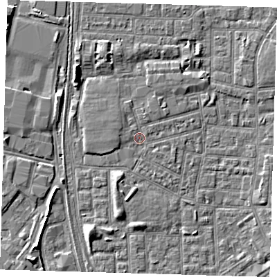 Shaded relief map of the ground around E164NH, computed from Environment Agency LiDAR. The ground here sits at about 1 m above sea level and falls 6 m across the surrounding 800 m. Surface water reaching this point runs off ground lying to the west-north-west, 0.9 m higher.