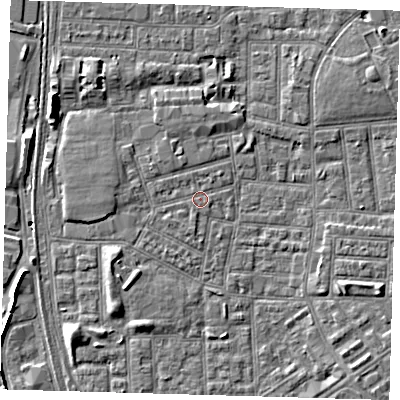 Shaded relief map of the ground around E164NJ, computed from Environment Agency LiDAR. The ground here sits at about 1 m above sea level and falls 5 m across the surrounding 800 m. Surface water reaching this point runs off ground lying to the west, 1.6 m higher.