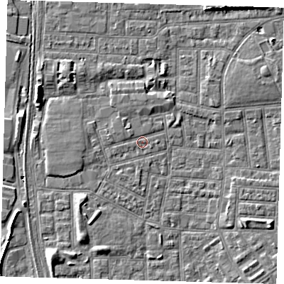 Shaded relief map of the ground around E164NL, computed from Environment Agency LiDAR. The ground here sits at about 1 m above sea level and falls 5 m across the surrounding 800 m. Surface water reaching this point runs off ground lying to the west, 1.1 m higher.