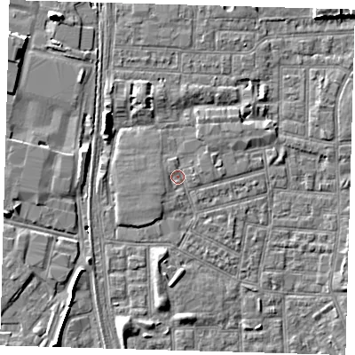 Shaded relief map of the ground around E164NN, computed from Environment Agency LiDAR. The ground here sits at about 2 m above sea level and falls 8 m across the surrounding 800 m. Surface water reaching this point runs off ground lying to the south-west, 1.2 m higher.