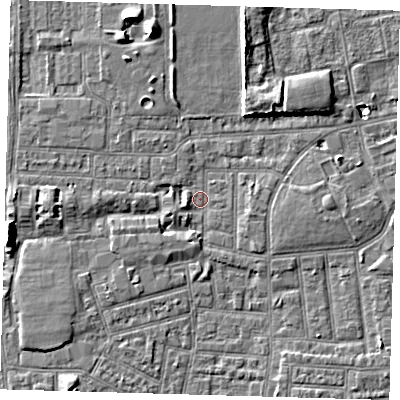 Shaded relief map of the ground around E164NP, computed from Environment Agency LiDAR. The ground here sits at about 1 m above sea level and falls 7 m across the surrounding 800 m. Surface water reaching this point runs off ground lying to the north-north-east, 6.6 m higher.