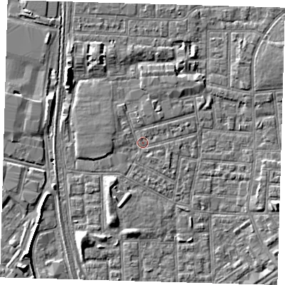 Shaded relief map of the ground around E164NQ, computed from Environment Agency LiDAR. The ground here sits at about 1 m above sea level and falls 6 m across the surrounding 800 m. Surface water reaching this point runs off ground lying to the west, 0.9 m higher.