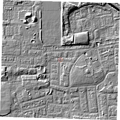 Shaded relief map of the ground around E164NR, computed from Environment Agency LiDAR. The ground here sits at about 1 m above sea level and falls 9 m across the surrounding 800 m. Surface water reaching this point runs off ground lying to the north, 6.6 m higher.