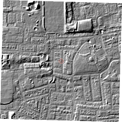 Shaded relief map of the ground around E164NS, computed from Environment Agency LiDAR. The ground here sits at about 1 m above sea level and falls 7 m across the surrounding 800 m. Surface water reaching this point runs off ground lying to the north, 6.6 m higher.