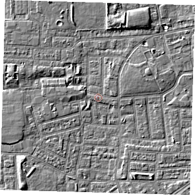 Shaded relief map of the ground around E164NT, computed from Environment Agency LiDAR. The ground here sits at about 1 m above sea level and falls 5 m across the surrounding 800 m. Surface water reaching this point runs off ground lying to the north-north-east, 4.9 m higher.