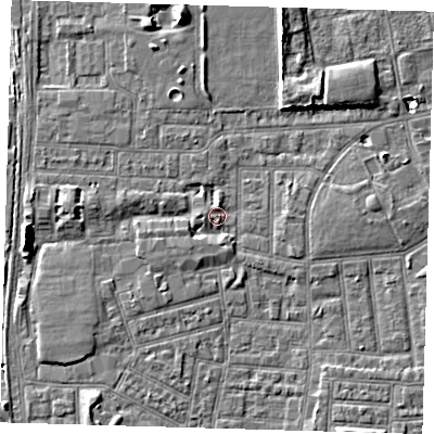 Shaded relief map of the ground around E164NU, computed from Environment Agency LiDAR. The ground here sits at about 2 m above sea level and falls 7 m across the surrounding 800 m. Surface water reaching this point runs off ground lying to the west, 4.4 m higher.