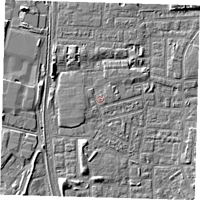 Shaded relief map of the ground around E164NW, computed from Environment Agency LiDAR. The ground here sits at about 2 m above sea level and falls 8 m across the surrounding 800 m. Surface water reaching this point runs off ground lying to the south-west, 1.2 m higher.