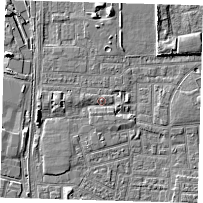 Shaded relief map of the ground around E164NX, computed from Environment Agency LiDAR. The ground here sits at about 2 m above sea level and falls 8 m across the surrounding 800 m. Surface water reaching this point runs off ground lying to the west-south-west, 3.9 m higher.