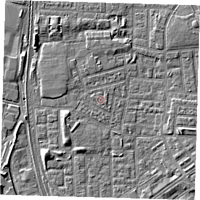 Shaded relief map of the ground around E164NY, computed from Environment Agency LiDAR. The ground here sits at about 2 m above sea level and falls 6 m across the surrounding 800 m. Surface water reaching this point runs off ground lying to the south-east, 0.6 m higher.