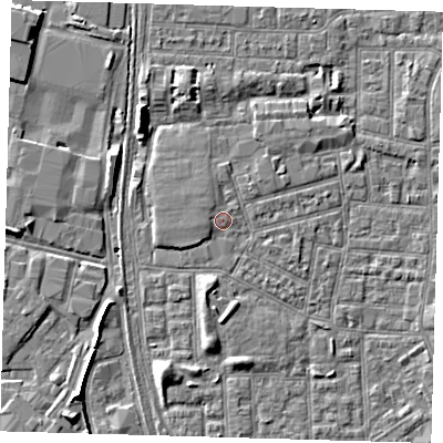Shaded relief map of the ground around E164NZ, computed from Environment Agency LiDAR. The ground here sits at about 2 m above sea level and falls 6 m across the surrounding 800 m. Surface water reaching this point runs off ground lying to the west, 0.8 m higher.