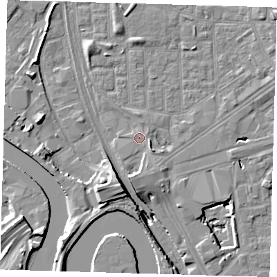 Shaded relief map of the ground around E164PA, computed from Environment Agency LiDAR. The ground here sits at about 2 m above sea level and falls 15 m across the surrounding 800 m. Surface water reaching this point runs off ground lying to the south, 4.8 m higher.