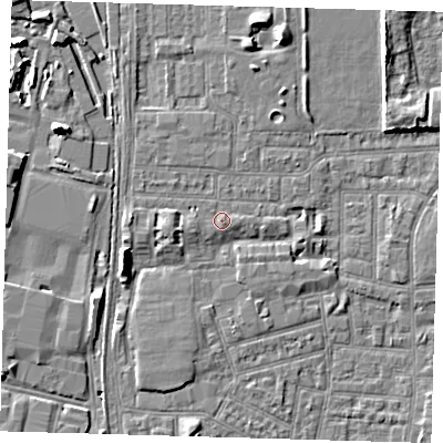 Shaded relief map of the ground around E164PB, computed from Environment Agency LiDAR. The ground here sits at about 2 m above sea level and falls 8 m across the surrounding 800 m. Surface water reaching this point runs off ground lying to the west, 1.0 m higher.