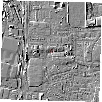 Shaded relief map of the ground around E164PD, computed from Environment Agency LiDAR. The ground here sits at about 1 m above sea level and falls 8 m across the surrounding 800 m. Surface water reaching this point runs off ground lying to the west-south-west, 3.9 m higher.