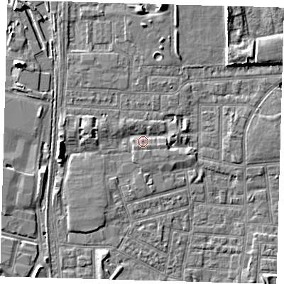 Shaded relief map of the ground around E164PE, computed from Environment Agency LiDAR. The ground here sits at about 2 m above sea level and falls 8 m across the surrounding 800 m. Surface water reaching this point runs off ground lying to the west, 3.9 m higher.