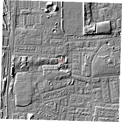 Shaded relief map of the ground around E164PF, computed from Environment Agency LiDAR. The ground here sits at about 2 m above sea level and falls 7 m across the surrounding 800 m. Surface water reaching this point runs off ground lying to the east-south-east, 1.9 m higher.
