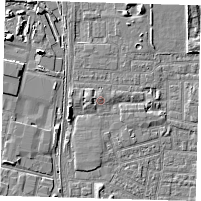 Shaded relief map of the ground around E164PG, computed from Environment Agency LiDAR. The ground here sits at about 2 m above sea level and falls 9 m across the surrounding 800 m. Surface water reaching this point runs off ground lying to the north-north-east, 1.2 m higher.
