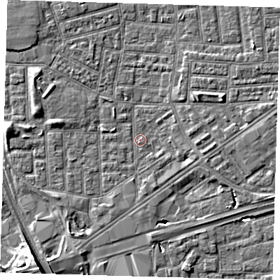Shaded relief map of the ground around E164PJ, computed from Environment Agency LiDAR. The ground here sits at about 1 m above sea level and falls 12 m across the surrounding 800 m. Surface water reaching this point runs off ground lying to the south-south-west, 4.1 m higher.