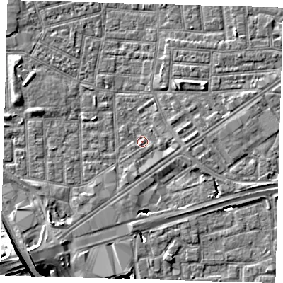 Shaded relief map of the ground around E164PL, computed from Environment Agency LiDAR. The ground here sits at about 1 m above sea level and falls 13 m across the surrounding 800 m. Surface water reaching this point runs off ground lying to the south-west, 3.8 m higher.