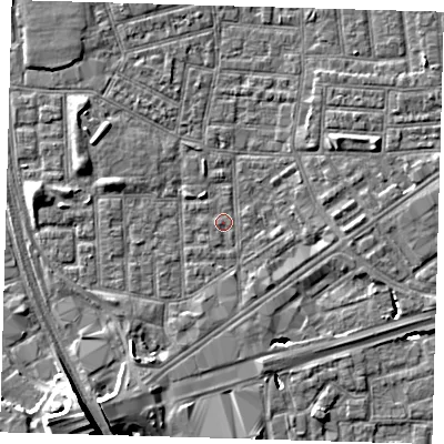 Shaded relief map of the ground around E164PN, computed from Environment Agency LiDAR. The ground here sits at about 1 m above sea level and falls 12 m across the surrounding 800 m. Surface water reaching this point runs off ground lying to the south-south-west, 0.7 m higher.