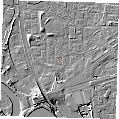 Shaded relief map of the ground around E164PP, computed from Environment Agency LiDAR. The ground here sits at about 1 m above sea level and falls 15 m across the surrounding 800 m. Surface water reaching this point runs off ground lying to the west-south-west, 0.5 m higher.