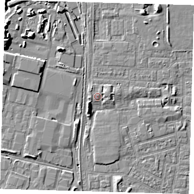 Shaded relief map of the ground around E164PQ, computed from Environment Agency LiDAR. The ground here sits at about 2 m above sea level and falls 10 m across the surrounding 800 m. Surface water reaching this point runs off ground lying to the east, 1.8 m higher.