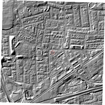 Shaded relief map of the ground around E164PR, computed from Environment Agency LiDAR. The ground here sits at about 1 m above sea level and falls 6 m across the surrounding 800 m. Surface water reaching this point runs off ground lying to the south-south-west, 3.2 m higher.