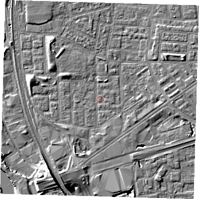 Shaded relief map of the ground around E164PS, computed from Environment Agency LiDAR. The ground here sits at about 1 m above sea level and falls 14 m across the surrounding 800 m. Surface water reaching this point runs off ground lying to the south-south-west, 3.1 m higher.