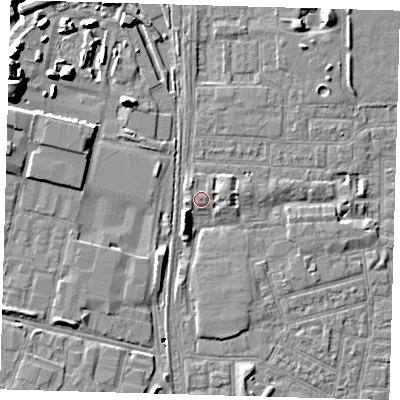 Shaded relief map of the ground around E164PT, computed from Environment Agency LiDAR. The ground here sits at about 2 m above sea level and falls 10 m across the surrounding 800 m. Surface water reaching this point runs off ground lying to the east-north-east, 1.4 m higher.
