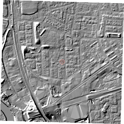 Shaded relief map of the ground around E164PU, computed from Environment Agency LiDAR. The ground here sits at about 1 m above sea level and falls 14 m across the surrounding 800 m. Surface water reaching this point runs off ground lying to the south-south-west, 3.1 m higher.