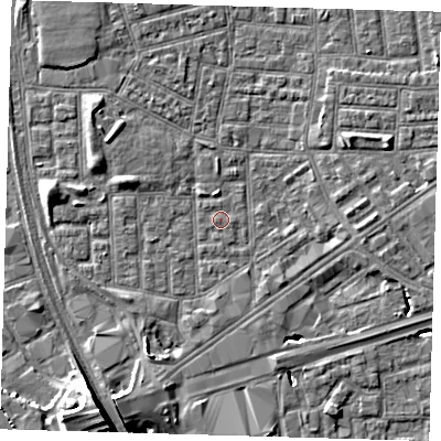 Shaded relief map of the ground around E164PW, computed from Environment Agency LiDAR. The ground here sits at about 1 m above sea level and falls 12 m across the surrounding 800 m. Surface water reaching this point runs off ground lying to the west-south-west, 0.6 m higher.