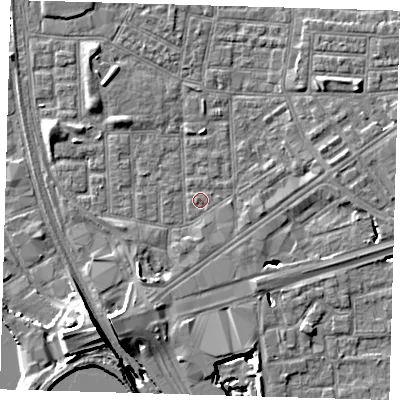Shaded relief map of the ground around E164PX, computed from Environment Agency LiDAR. The ground here sits at about 1 m above sea level and falls 15 m across the surrounding 800 m. Surface water reaching this point runs off ground lying to the west-south-west, 0.6 m higher.