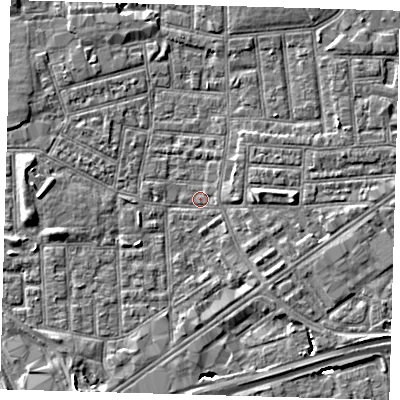 Shaded relief map of the ground around E164PZ, computed from Environment Agency LiDAR. The ground here sits at about 1 m above sea level and falls 6 m across the surrounding 800 m. Surface water reaching this point runs off ground lying to the east, 2.9 m higher.