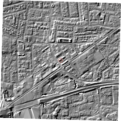 Shaded relief map of the ground around E164QA, computed from Environment Agency LiDAR. The ground here sits at about 2 m above sea level and falls 8 m across the surrounding 800 m. Surface water reaching this point runs off ground lying to the east, 1.3 m higher.