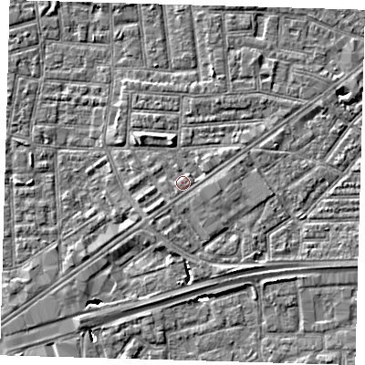 Shaded relief map of the ground around E164QB, computed from Environment Agency LiDAR. The ground here sits at about 2 m above sea level and falls 5 m across the surrounding 800 m. Surface water reaching this point runs off ground lying to the south-west, 0.7 m higher.