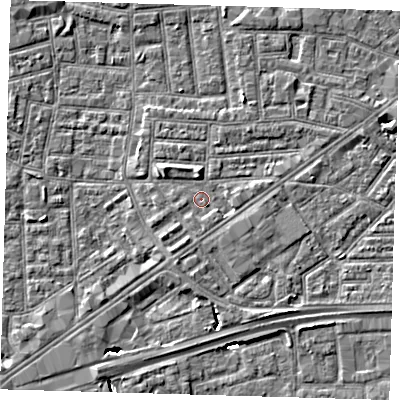 Shaded relief map of the ground around E164QD, computed from Environment Agency LiDAR. The ground here sits at about 2 m above sea level and falls 5 m across the surrounding 800 m. Surface water reaching this point runs off ground lying to the north-west, 1.6 m higher.