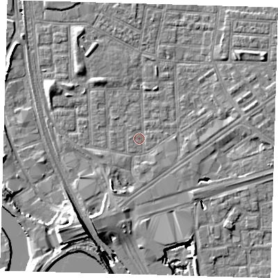 Shaded relief map of the ground around E164QE, computed from Environment Agency LiDAR. The ground here sits at about 1 m above sea level and falls 15 m across the surrounding 800 m. Surface water reaching this point runs off ground lying to the south-south-west, 3.1 m higher.