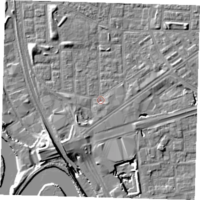 Shaded relief map of the ground around E164QJ, computed from Environment Agency LiDAR. The ground here sits at about 1 m above sea level and falls 15 m across the surrounding 800 m. Surface water reaching this point runs off ground lying to the south-west, 3.1 m higher.