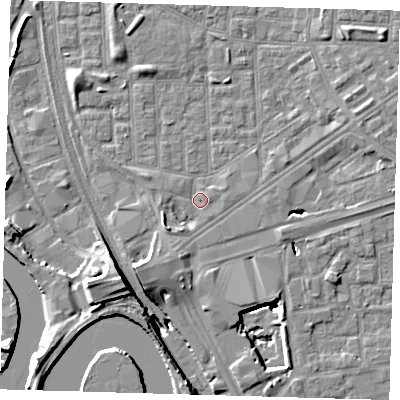 Shaded relief map of the ground around E164QL, computed from Environment Agency LiDAR. The ground here sits at about 2 m above sea level and falls 15 m across the surrounding 800 m. Surface water reaching this point runs off ground lying to the south-west, 3.1 m higher.
