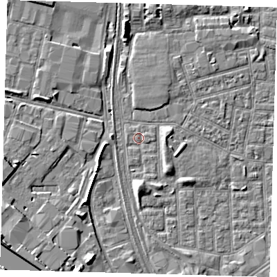 Shaded relief map of the ground around E164QP, computed from Environment Agency LiDAR. The ground here sits at about 1 m above sea level and falls 8 m across the surrounding 800 m. Surface water reaching this point runs off ground lying to the south, 3.1 m higher.