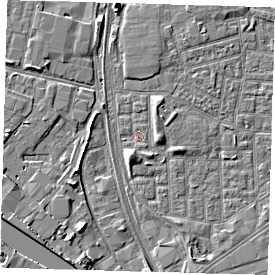 Shaded relief map of the ground around E164QR, computed from Environment Agency LiDAR. The ground here sits at about 1 m above sea level and falls 7 m across the surrounding 800 m. Surface water reaching this point runs off ground lying to the south-south-west, 3.3 m higher.