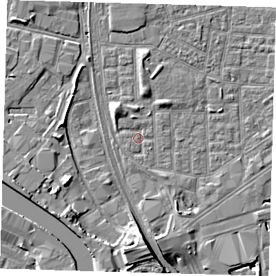Shaded relief map of the ground around E164QW, computed from Environment Agency LiDAR. The ground here sits at about 2 m above sea level and falls 14 m across the surrounding 800 m. Surface water reaching this point runs off ground lying to the south-east, 1.7 m higher.