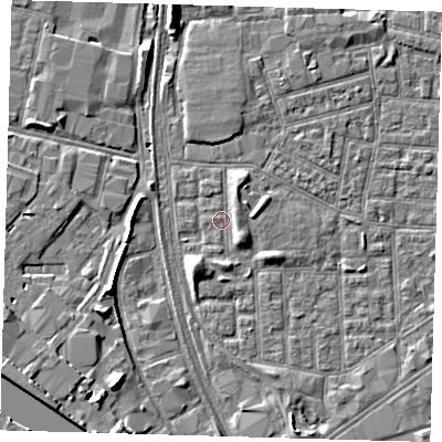 Shaded relief map of the ground around E164QY, computed from Environment Agency LiDAR. The ground here sits at about 2 m above sea level and falls 7 m across the surrounding 800 m. Surface water reaching this point runs off ground lying to the south-south-west, 2.9 m higher.