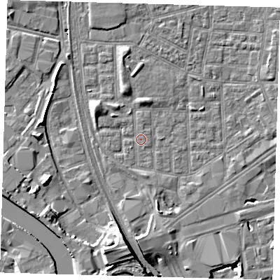 Shaded relief map of the ground around E164RB, computed from Environment Agency LiDAR. The ground here sits at about 2 m above sea level and falls 15 m across the surrounding 800 m. Surface water reaching this point runs off ground lying to the south, 1.5 m higher.