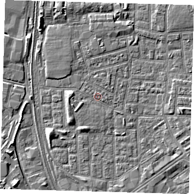 Shaded relief map of the ground around E164RF, computed from Environment Agency LiDAR. The ground here sits at about 1 m above sea level and falls 6 m across the surrounding 800 m. Surface water reaching this point runs off ground lying to the west, 2.5 m higher.