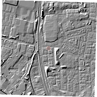 Shaded relief map of the ground around E164RG, computed from Environment Agency LiDAR. The ground here sits at about 1 m above sea level and falls 7 m across the surrounding 800 m. Surface water reaching this point runs off ground lying to the east-south-east, 2.3 m higher.