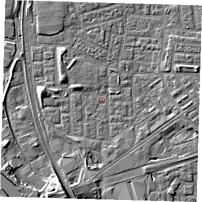 Shaded relief map of the ground around E164RH, computed from Environment Agency LiDAR. The ground here sits at about 1 m above sea level and falls 11 m across the surrounding 800 m. Surface water reaching this point runs off ground lying to the south-south-west, 3.1 m higher.