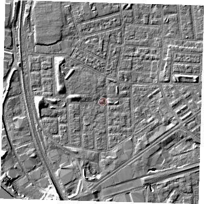 Shaded relief map of the ground around E164RQ, computed from Environment Agency LiDAR. The ground here sits at about 2 m above sea level and falls 10 m across the surrounding 800 m. Surface water reaching this point runs off ground lying to the south-south-west, 3.1 m higher.