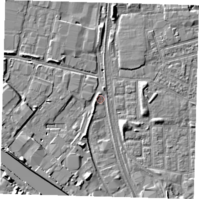 Shaded relief map of the ground around E164SA, computed from Environment Agency LiDAR. The ground here sits at about 2 m above sea level and falls 10 m across the surrounding 800 m. Surface water reaching this point runs off ground lying to the south-south-west, 3.1 m higher.